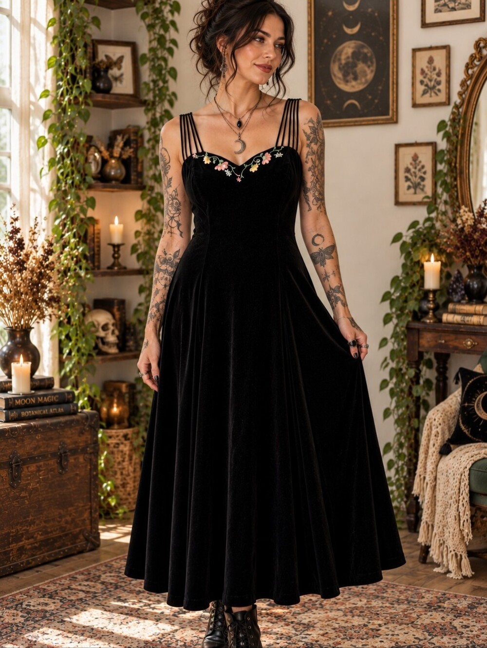 Another Thyme Vintage 90s Black Maxi Dress Floral Embroidered Multi Strap Sz 8
